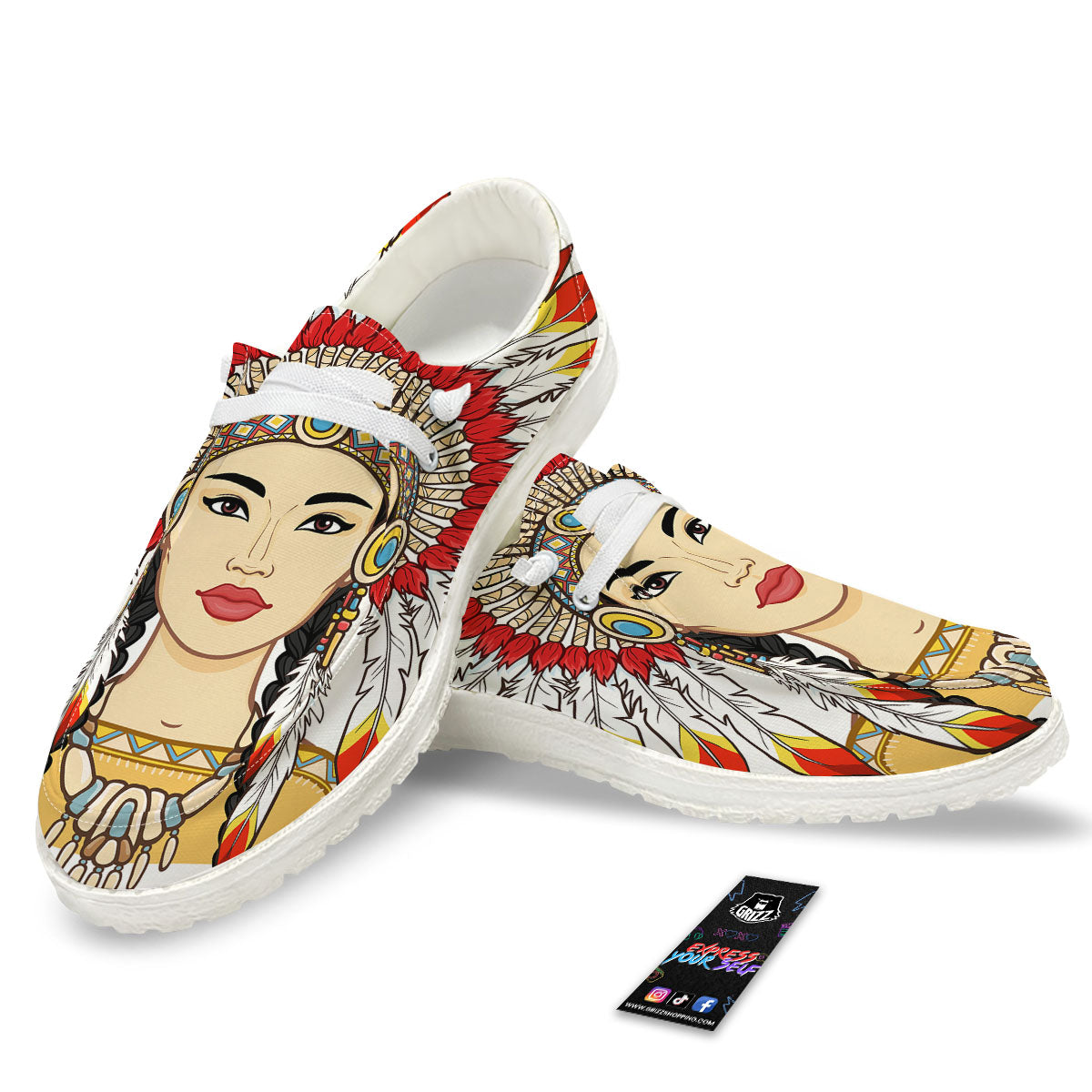 Indian Girl Native American Print White Loafers-grizzshop