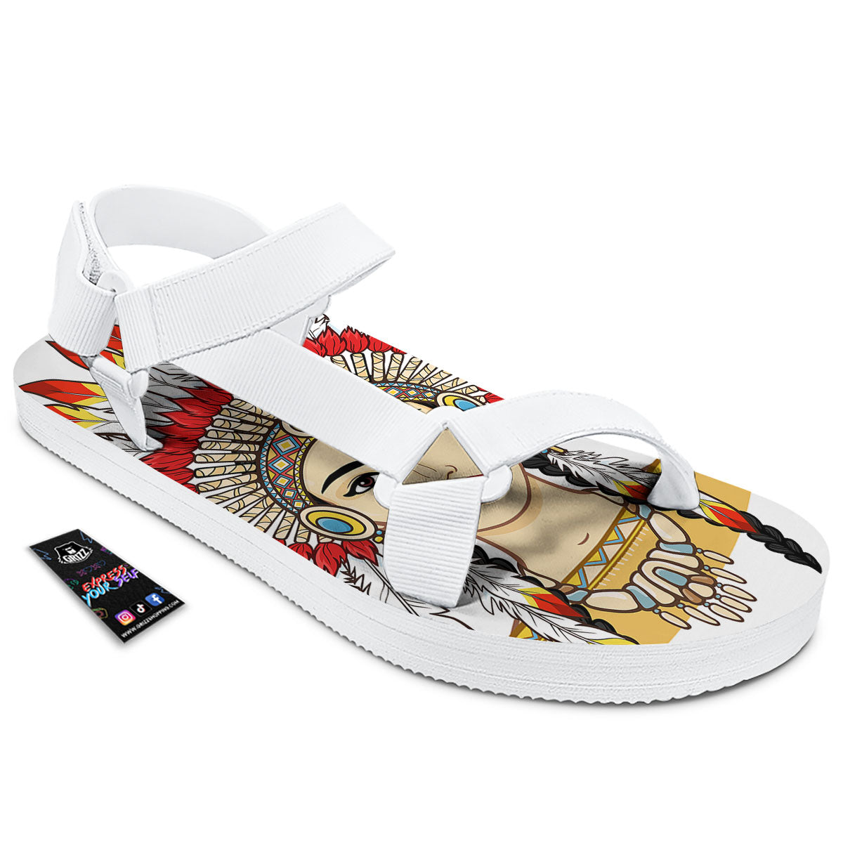 Indian Girl Native American Print White Open Toe Sandals-grizzshop