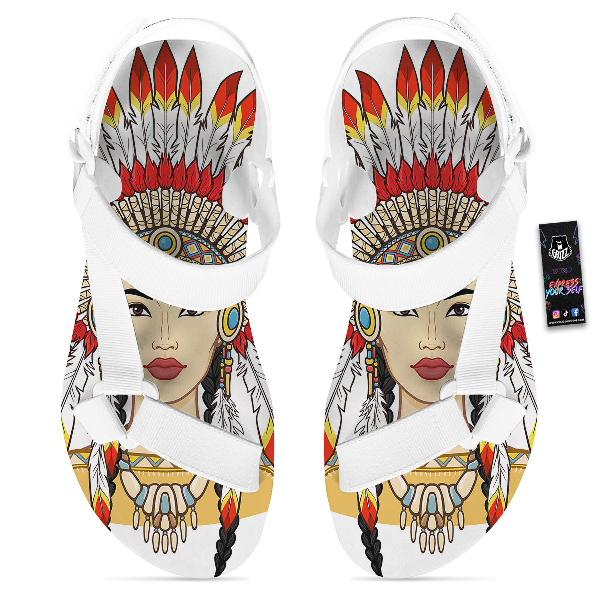 Indian Girl Native American Print White Open Toe Sandals-grizzshop
