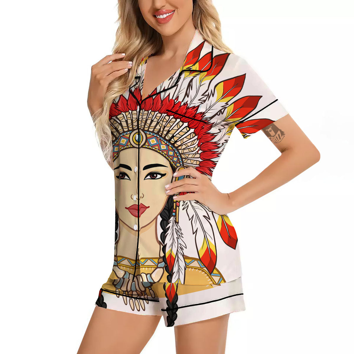 Indian Girl Native American Print Women Silk Pajamas-grizzshop
