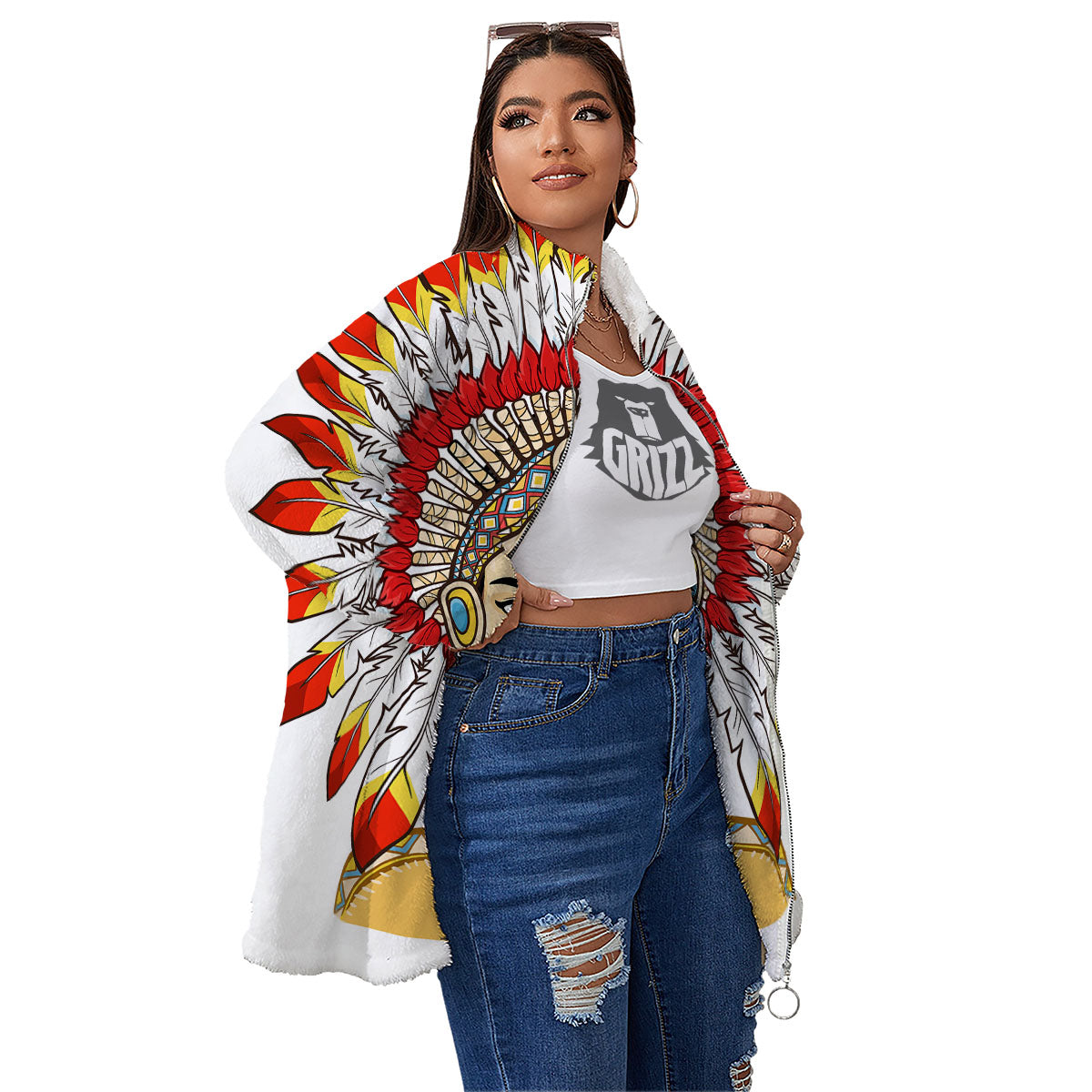 Indian Girl Native American Print Women's Sherpa Jacket-grizzshop