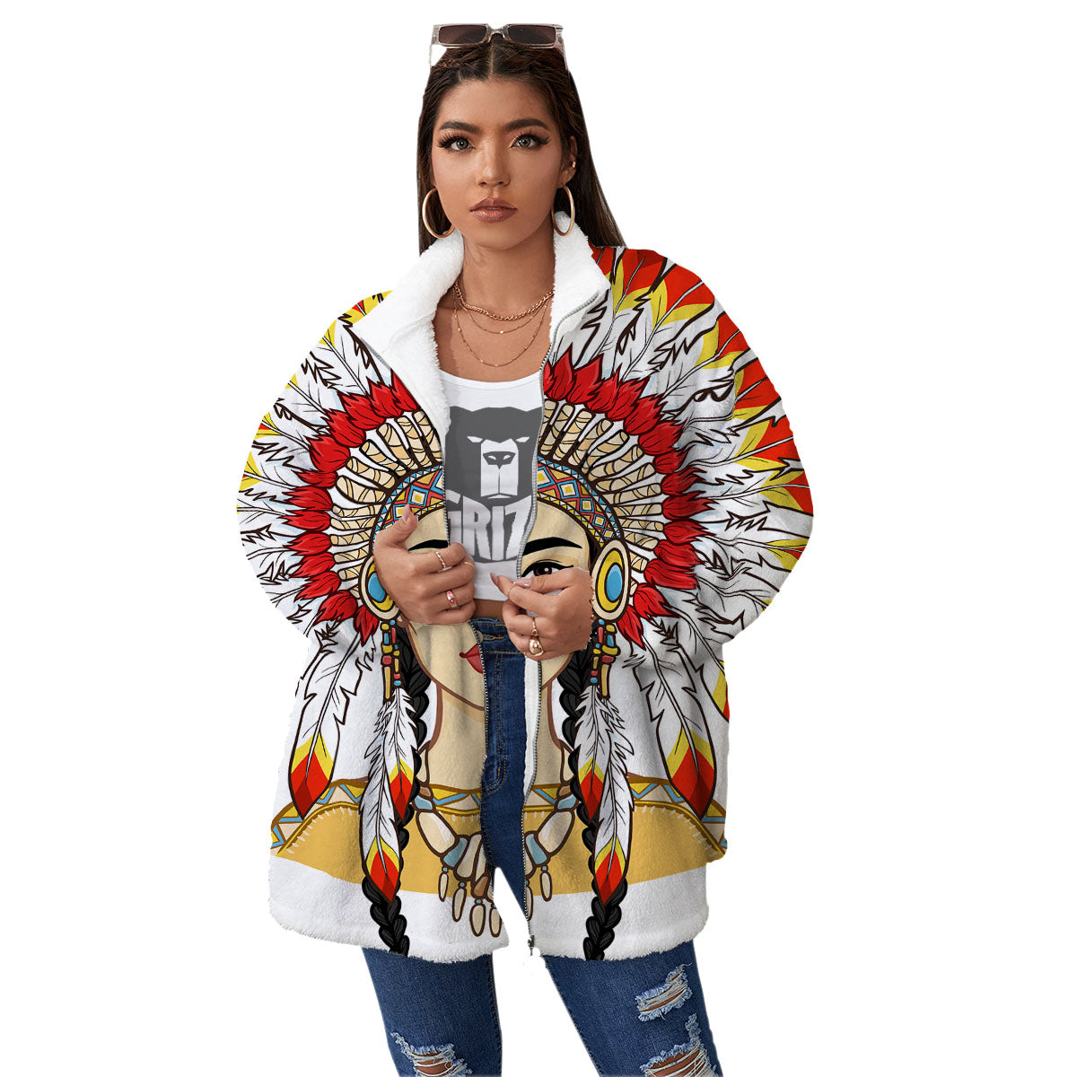 Indian Girl Native American Print Women's Sherpa Jacket-grizzshop