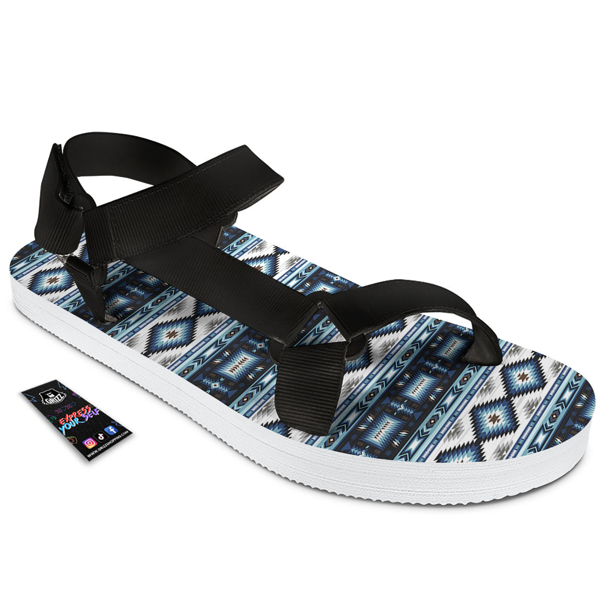 Indian Native American Print Pattern Black Open Toe Sandals-grizzshop