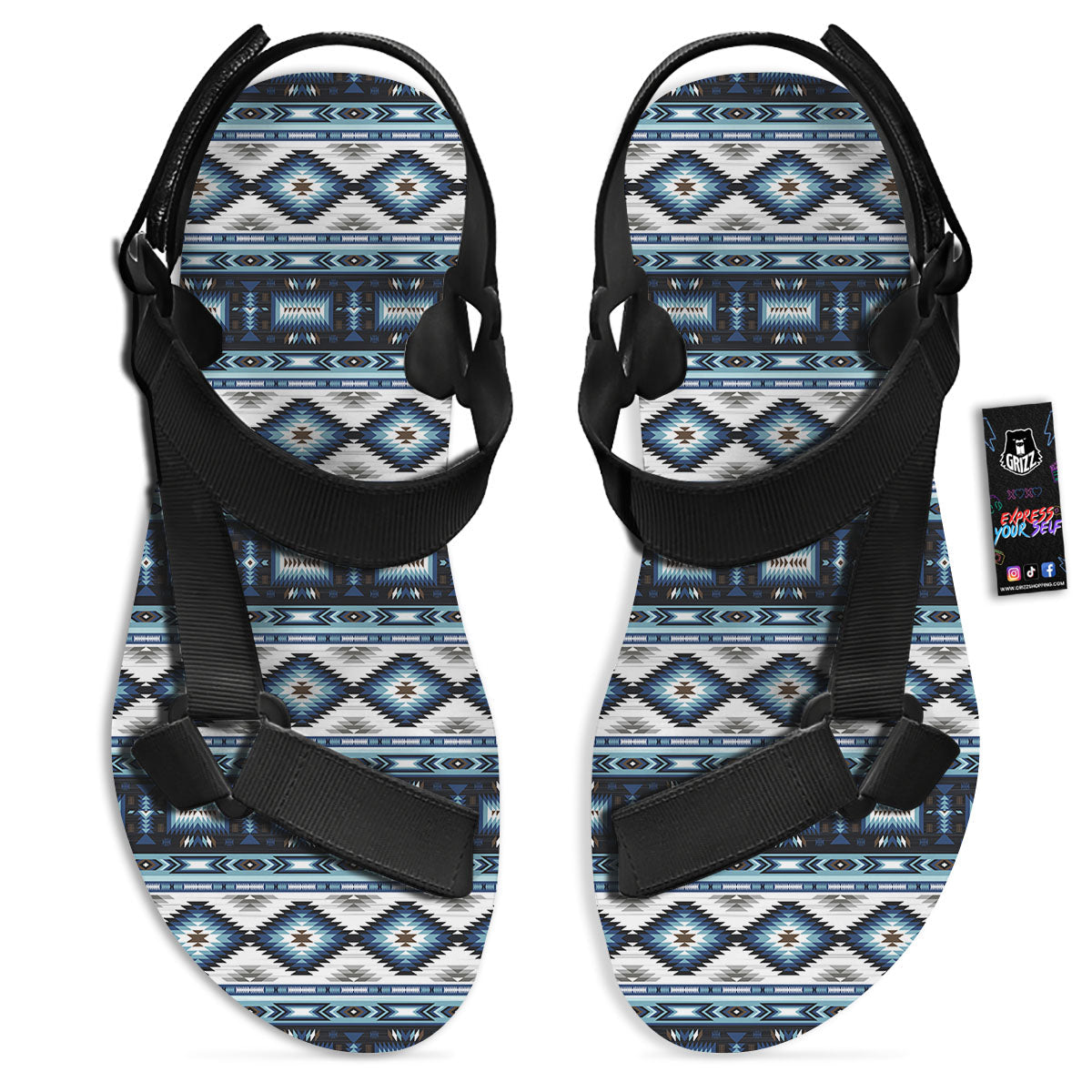 Indian Native American Print Pattern Black Open Toe Sandals-grizzshop