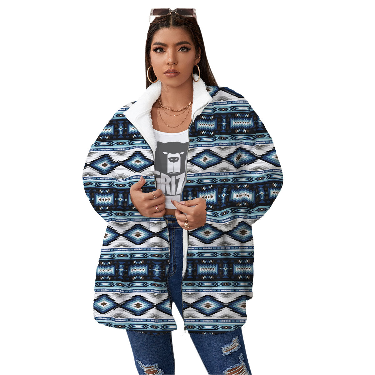 Indian Native American Print Pattern Women's Sherpa Jacket-grizzshop