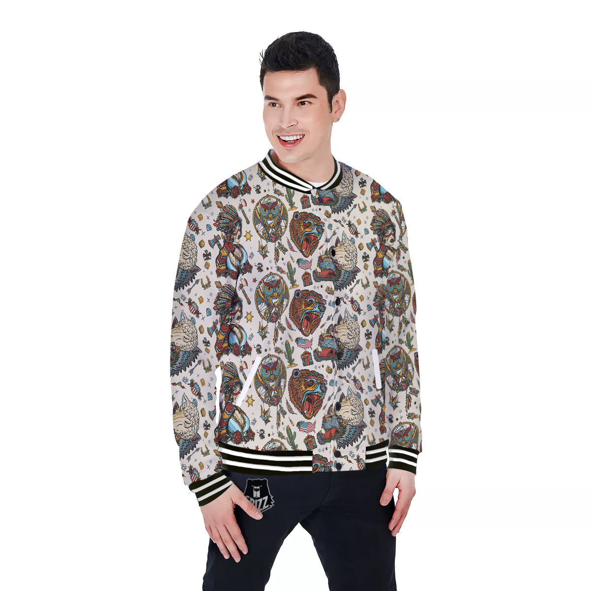 Indian Old School Tattoo Style Print Pattern Baseball Jacket-grizzshop