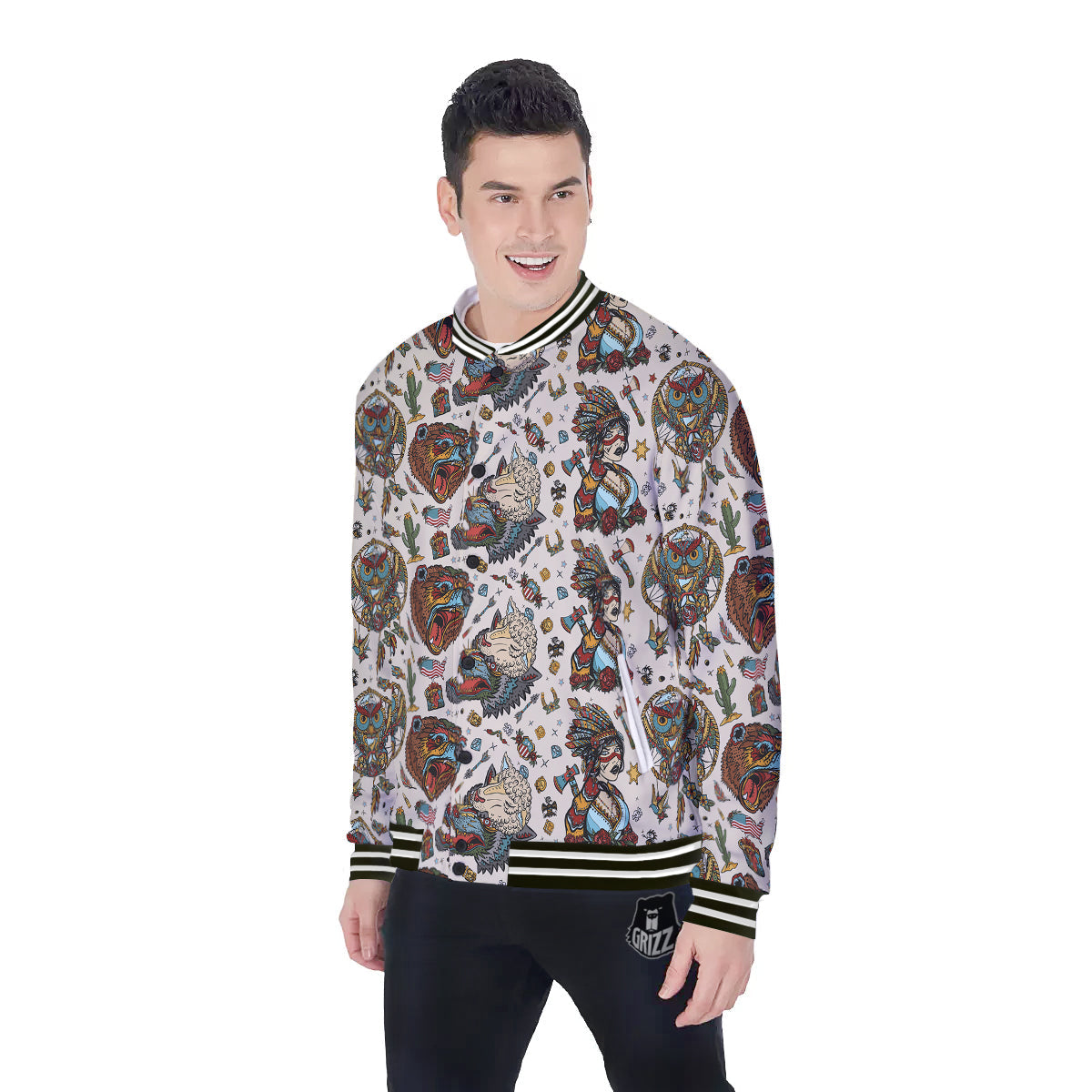 Indian Old School Tattoo Style Print Pattern Baseball Jacket-grizzshop