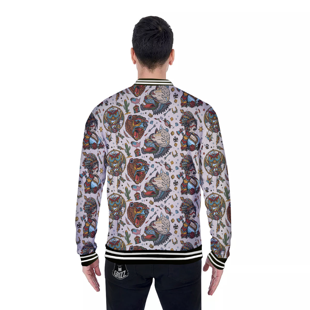 Indian Old School Tattoo Style Print Pattern Baseball Jacket-grizzshop