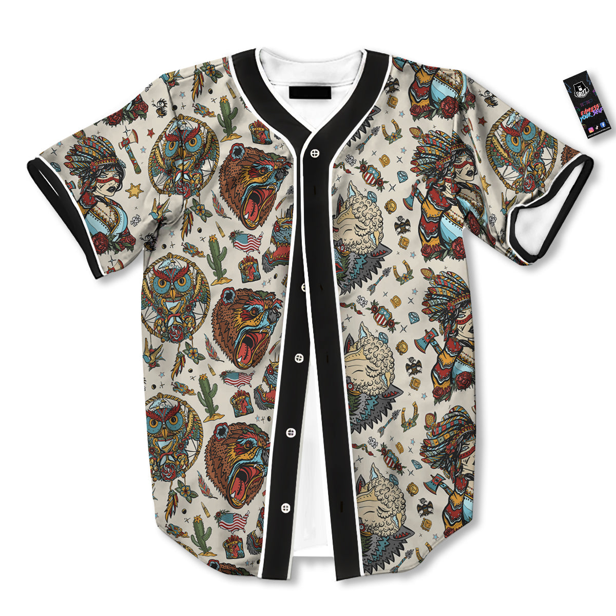 Indian Old School Tattoo Style Print Pattern Baseball Jersey-grizzshop