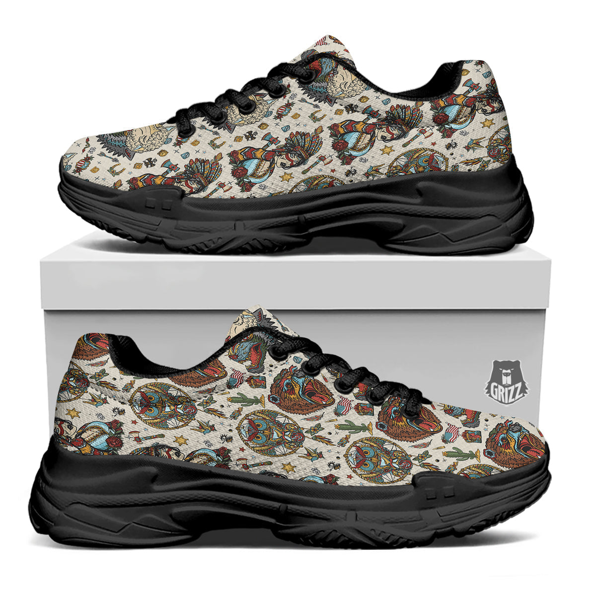 Indian Old School Tattoo Style Print Pattern Black Chunky Shoes-grizzshop