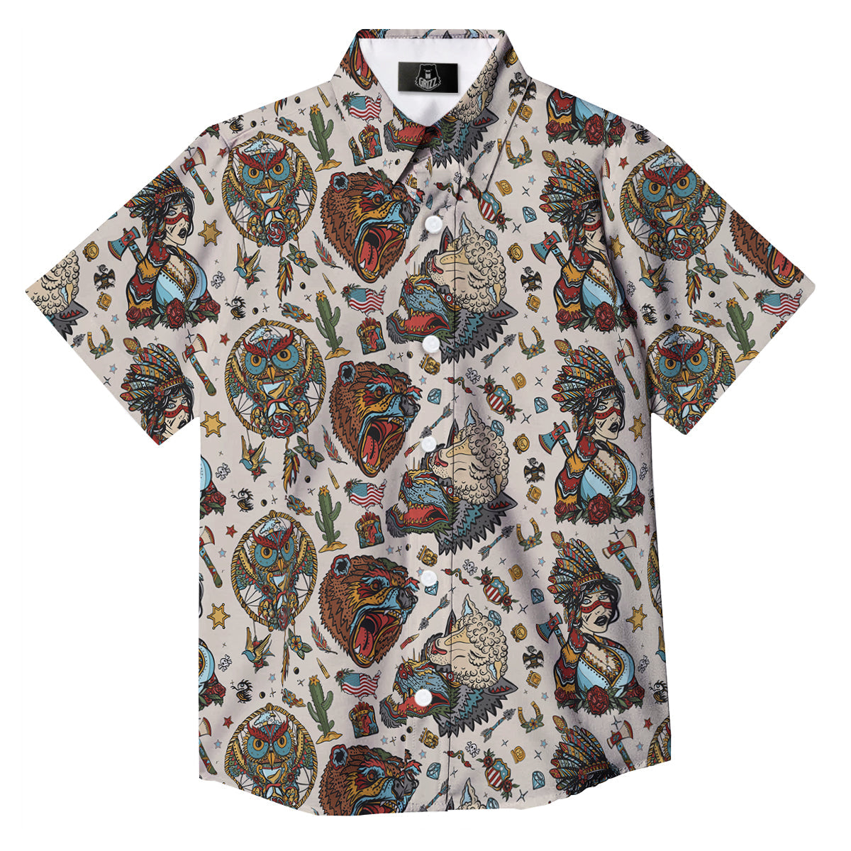 Indian Old School Tattoo Style Print Pattern Button Up Shirt-grizzshop