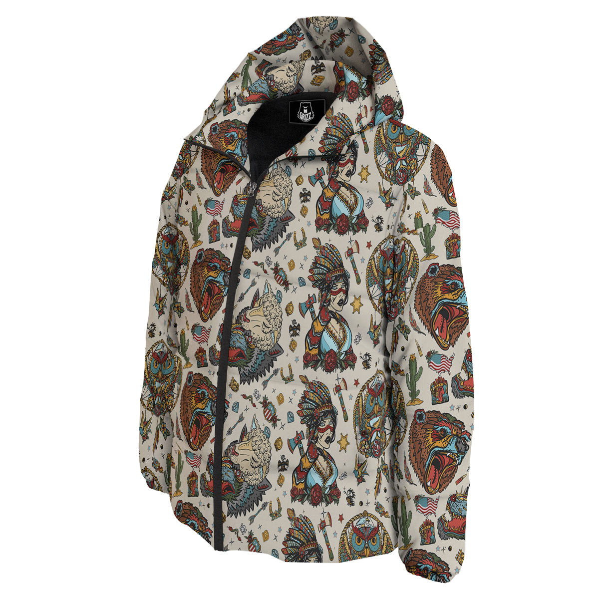 Indian Old School Tattoo Style Print Pattern Down Jacket-grizzshop