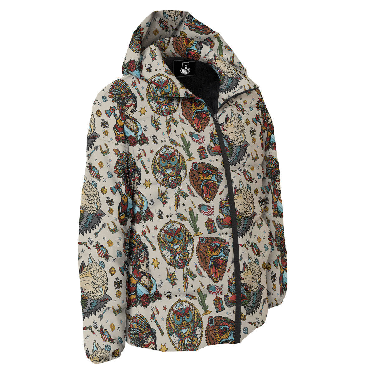 Indian Old School Tattoo Style Print Pattern Down Jacket-grizzshop