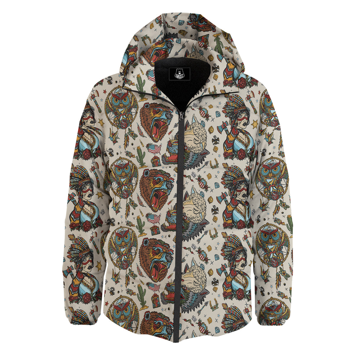 Indian Old School Tattoo Style Print Pattern Down Jacket-grizzshop