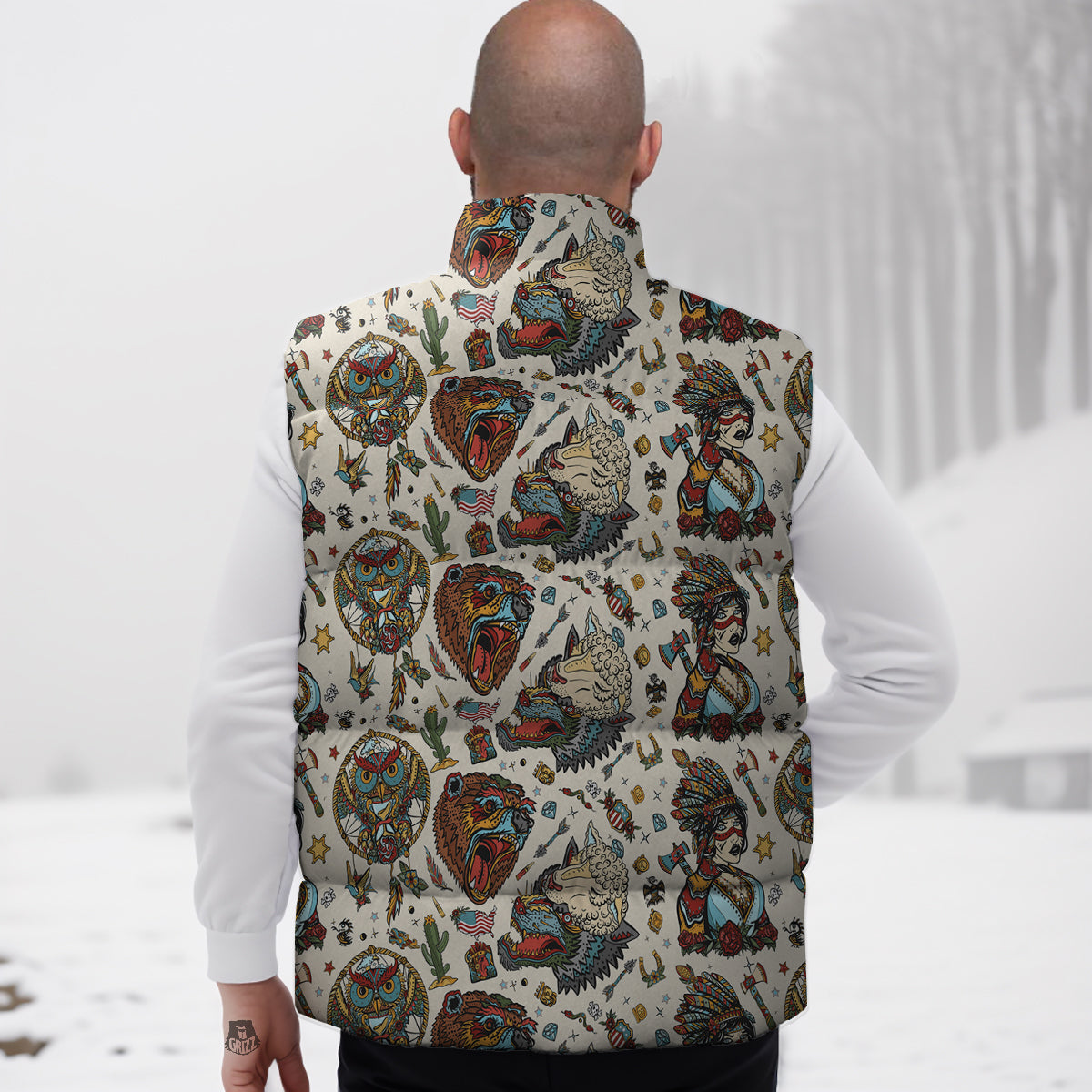 Indian Old School Tattoo Style Print Pattern Down Vest