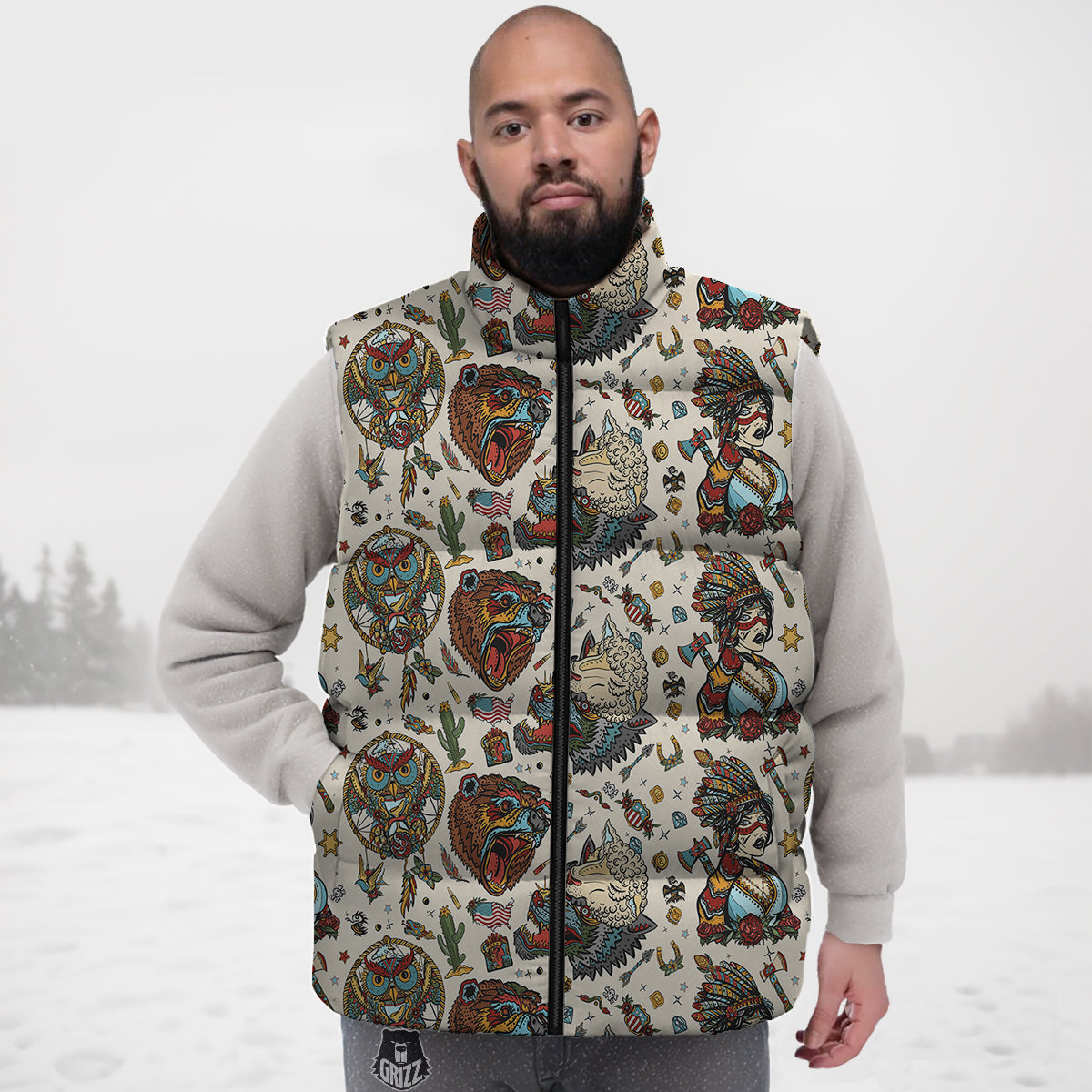 Indian Old School Tattoo Style Print Pattern Down Vest