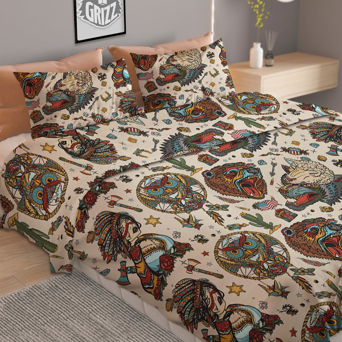 Indian Old School Tattoo Style Print Pattern Duvet Cover Bedding Set