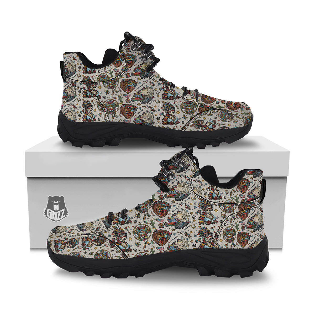 Indian Old School Tattoo Style Print Pattern Hiking Shoes-grizzshop