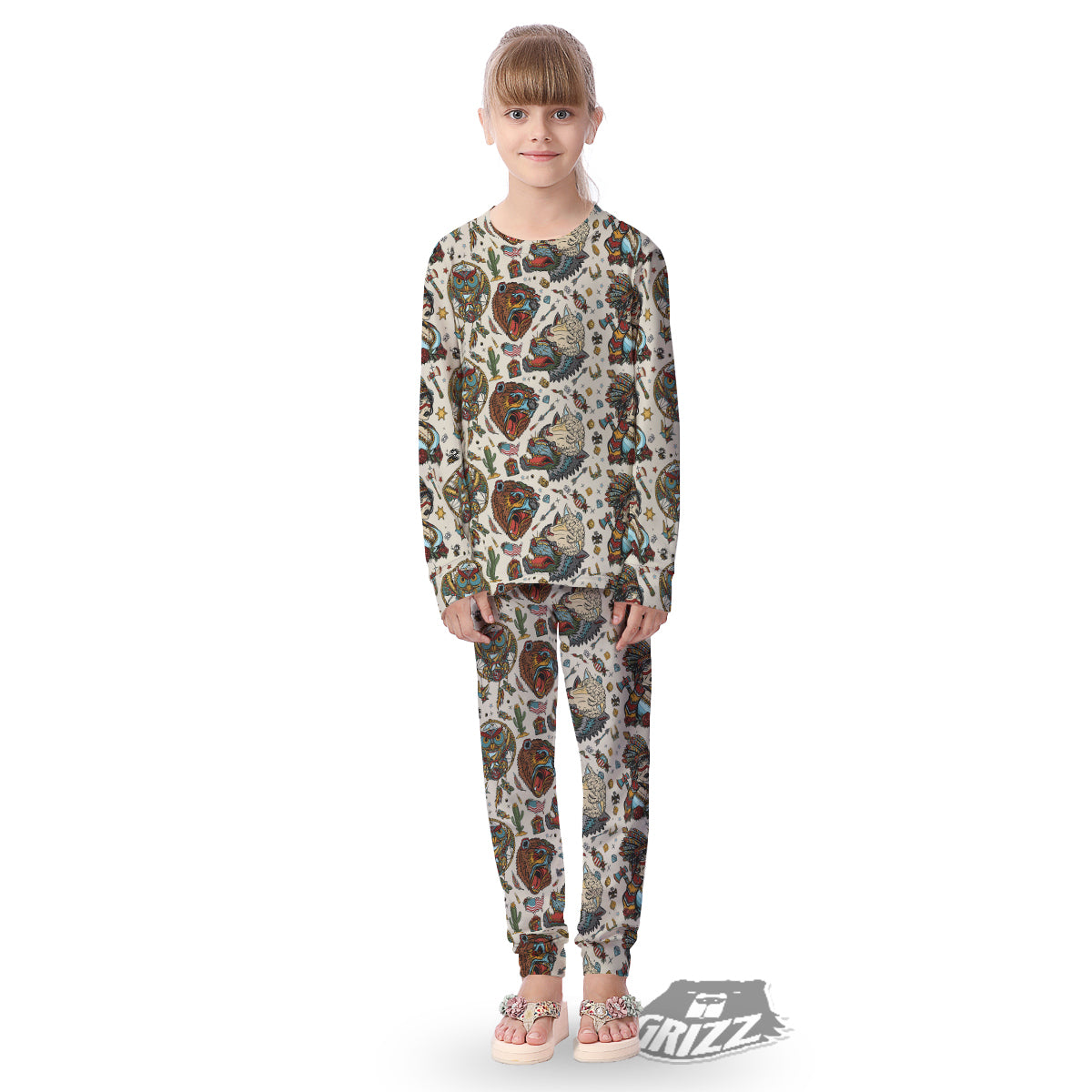 Indian Old School Tattoo Style Print Pattern Kid's Pajamas-grizzshop
