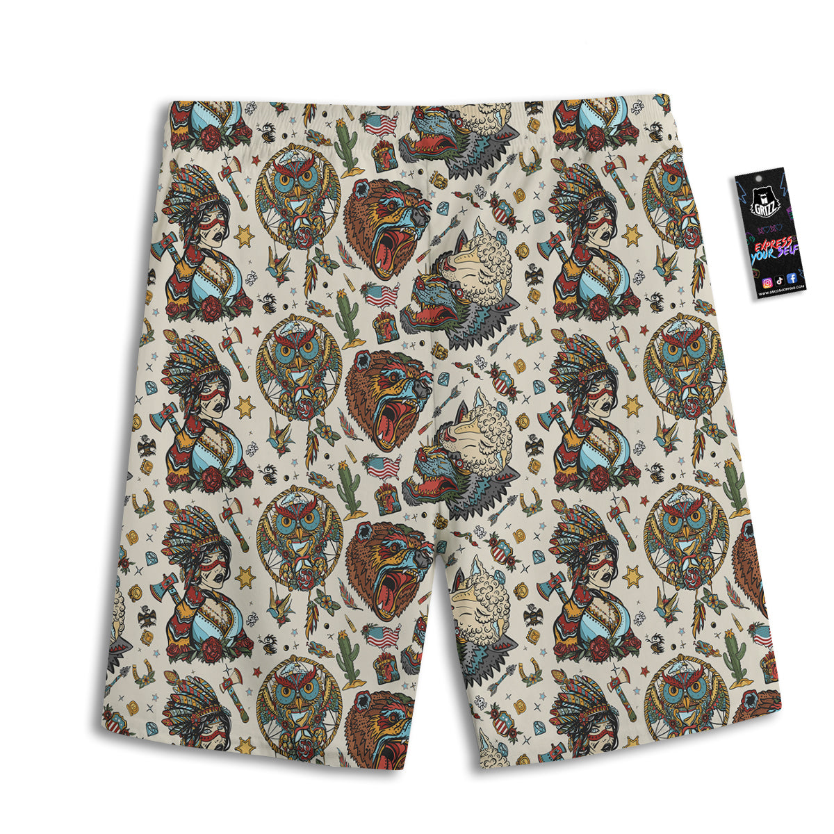 Indian Old School Tattoo Style Print Pattern Men's Athletic Shorts