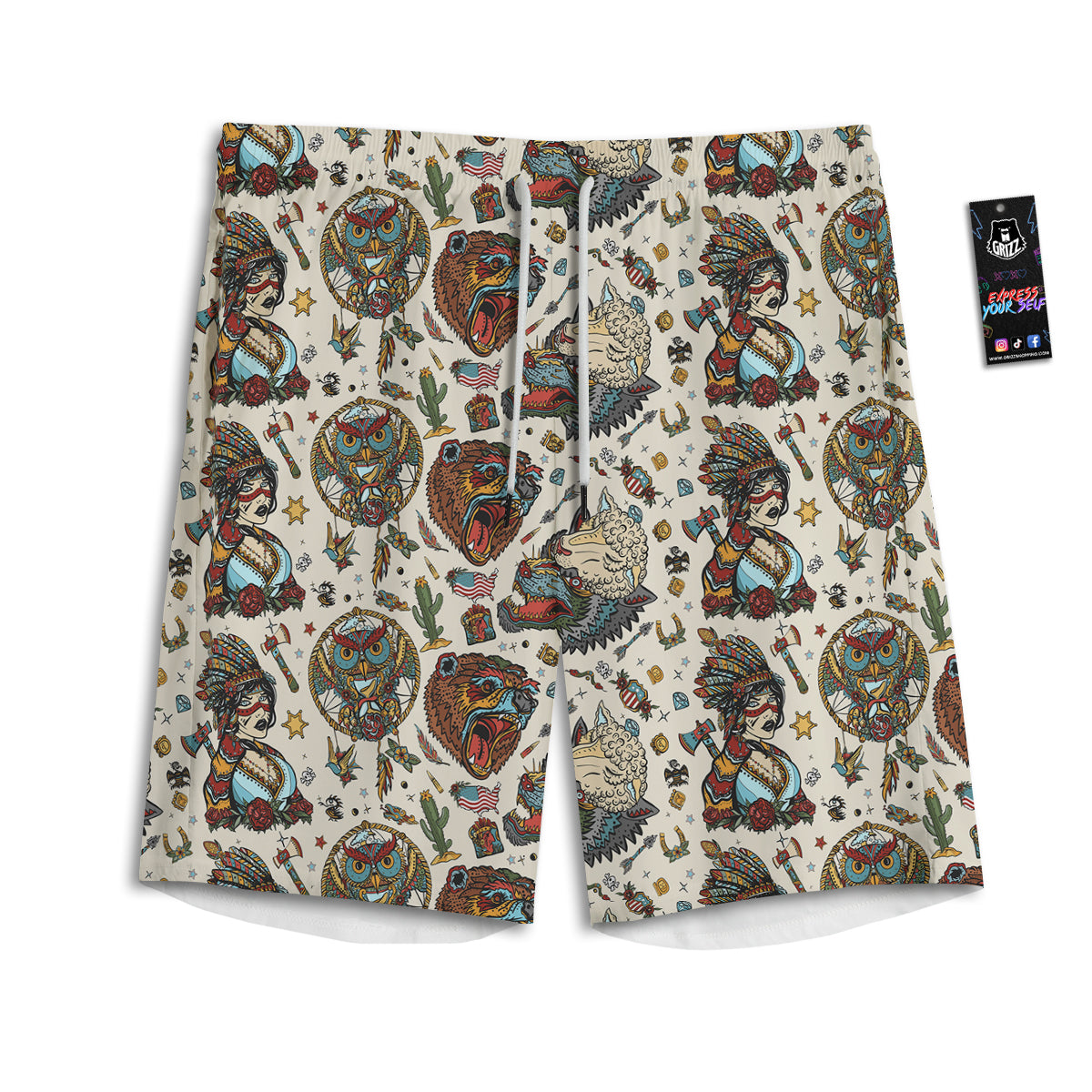 Indian Old School Tattoo Style Print Pattern Men's Athletic Shorts