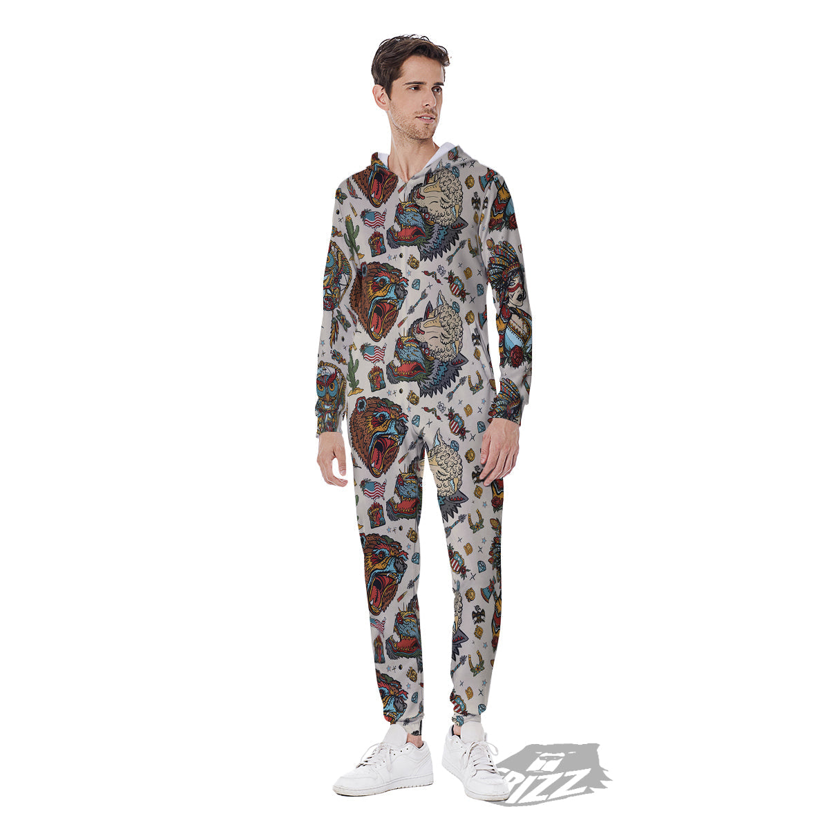 Indian Old School Tattoo Style Print Pattern Men's Jumpsuit-grizzshop
