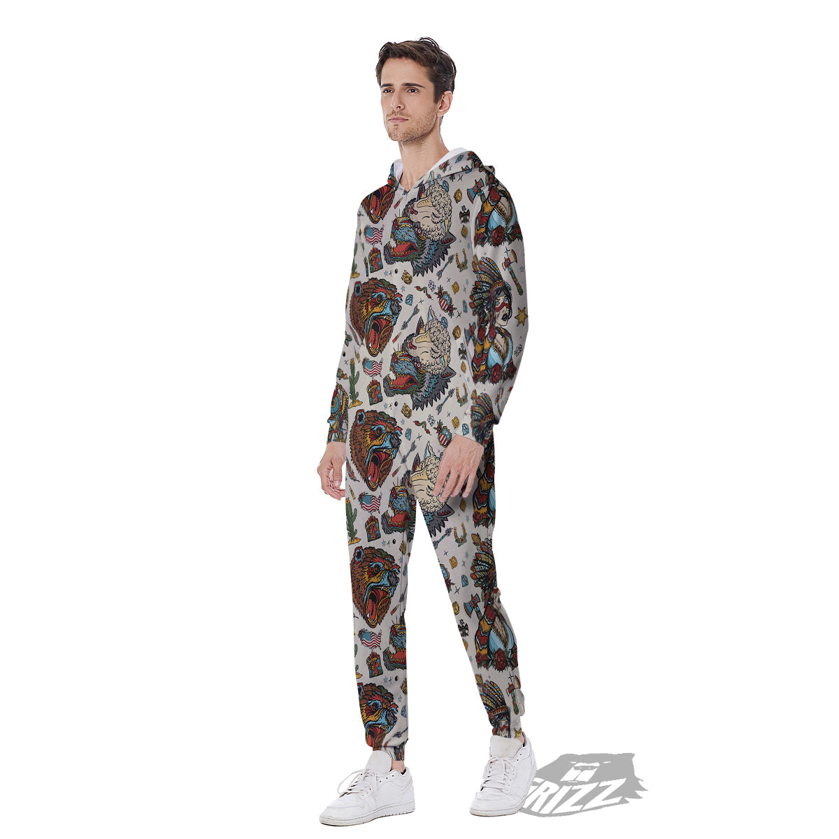 Indian Old School Tattoo Style Print Pattern Men's Jumpsuit-grizzshop