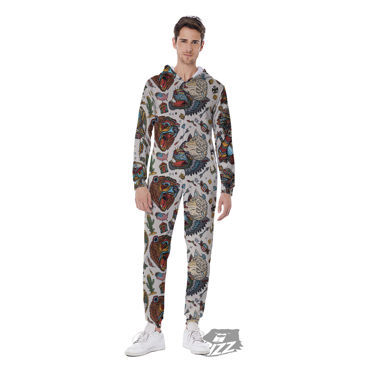 Indian Old School Tattoo Style Print Pattern Men's Jumpsuit-grizzshop