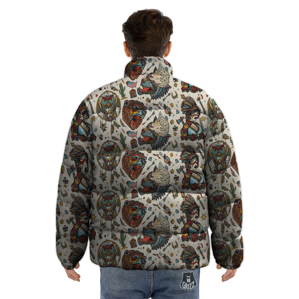 Indian Old School Tattoo Style Print Pattern Puffer Jacket-grizzshop
