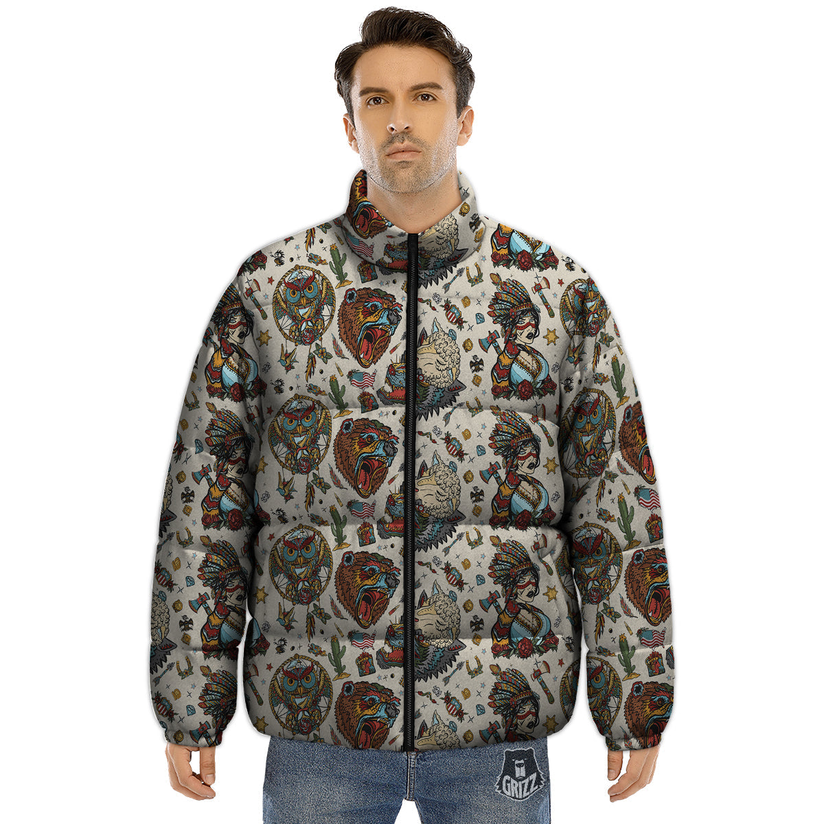 Indian Old School Tattoo Style Print Pattern Puffer Jacket-grizzshop