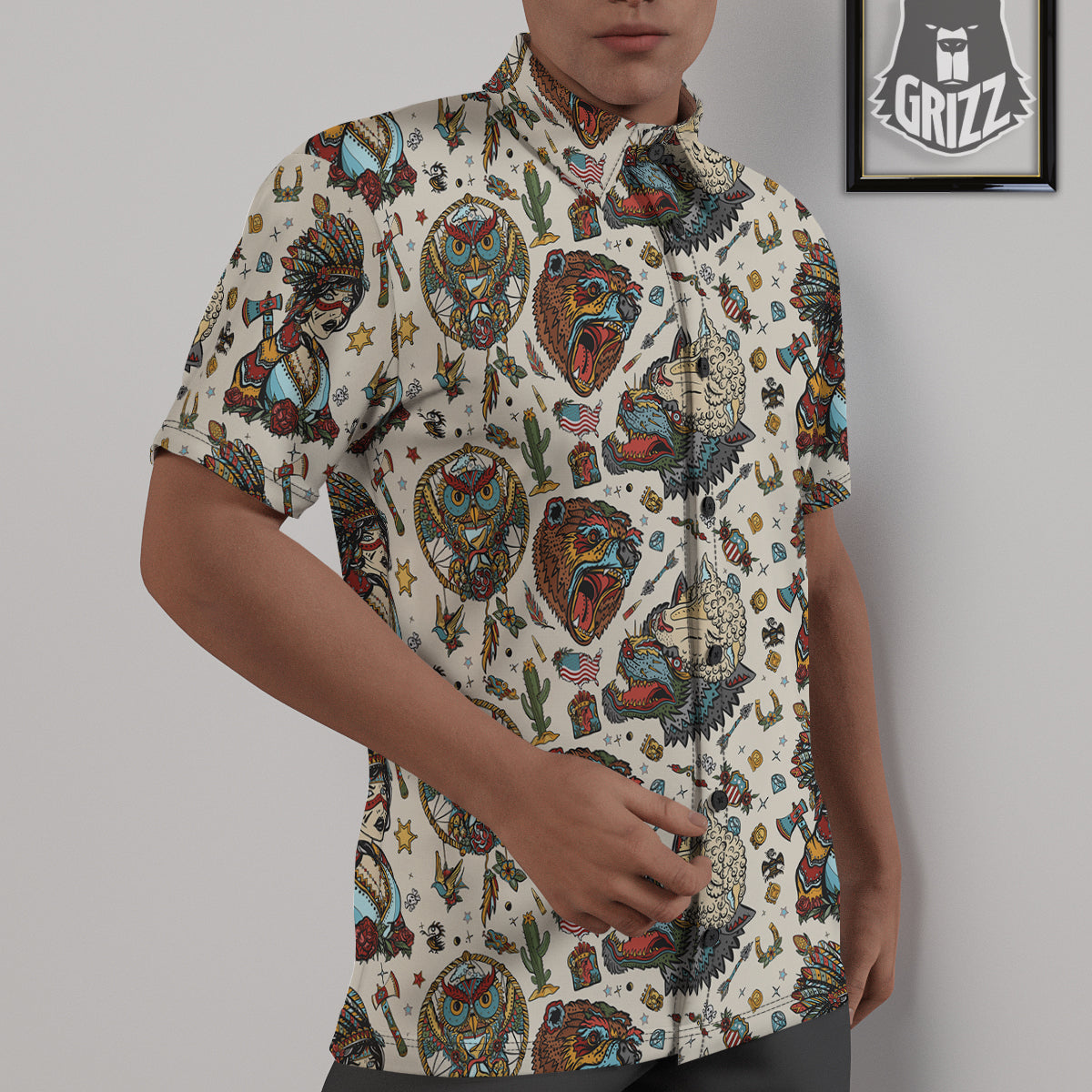 Indian Old School Tattoo Style Print Pattern Untucked Shirts-grizzshop