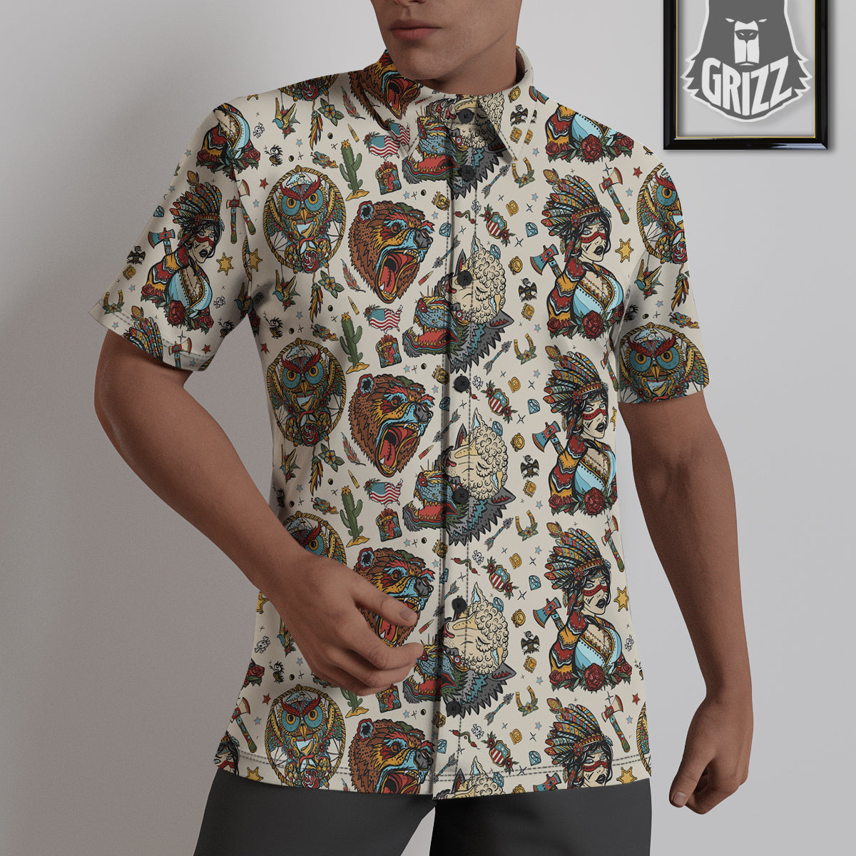 Indian Old School Tattoo Style Print Pattern Untucked Shirts-grizzshop