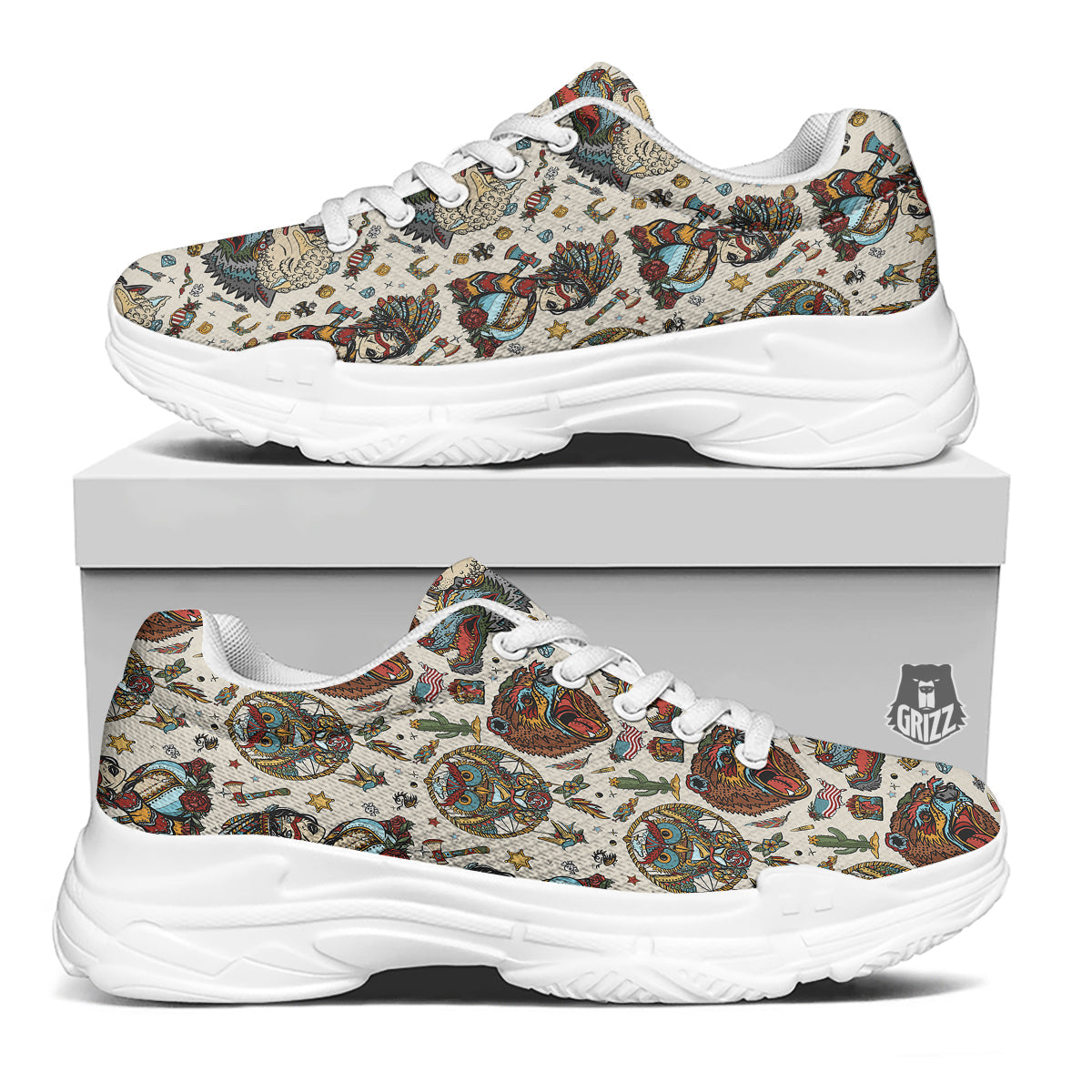 Indian Old School Tattoo Style Print Pattern White Chunky Shoes-grizzshop