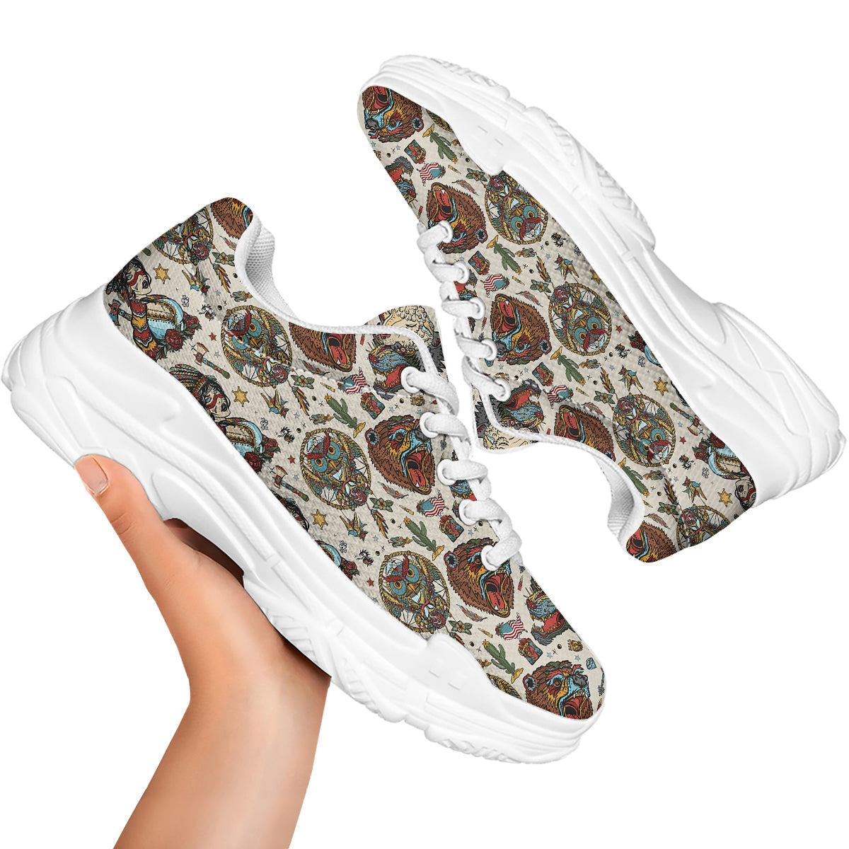 Indian Old School Tattoo Style Print Pattern White Chunky Shoes-grizzshop