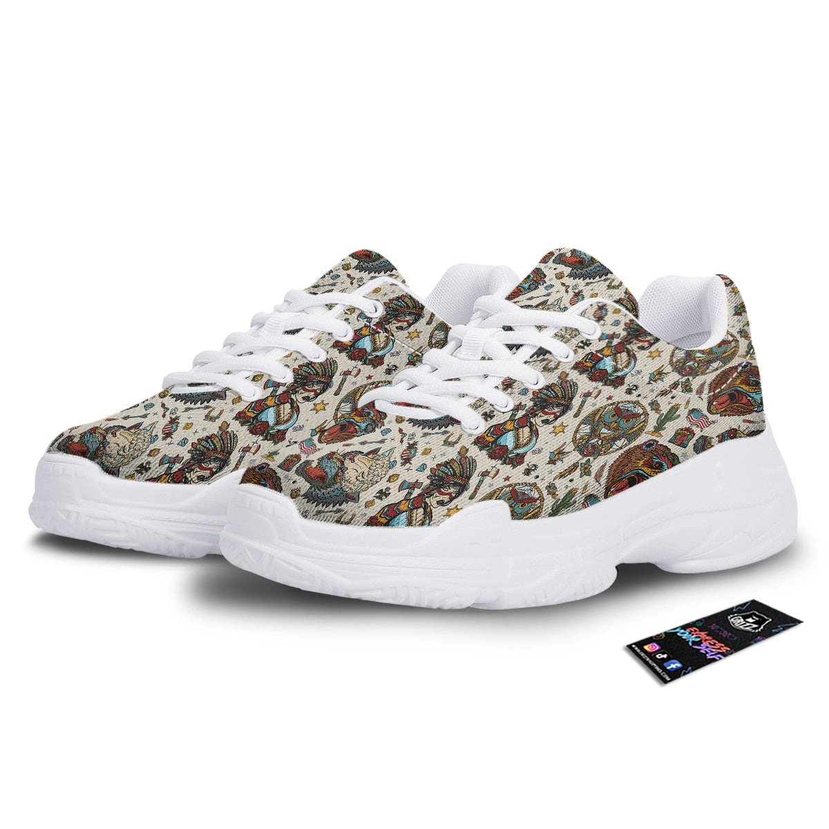 Indian Old School Tattoo Style Print Pattern White Chunky Shoes-grizzshop