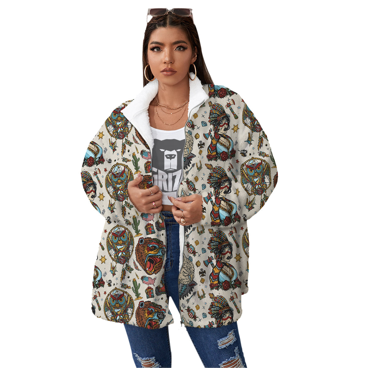 Indian Old School Tattoo Style Print Pattern Women's Sherpa Jacket-grizzshop