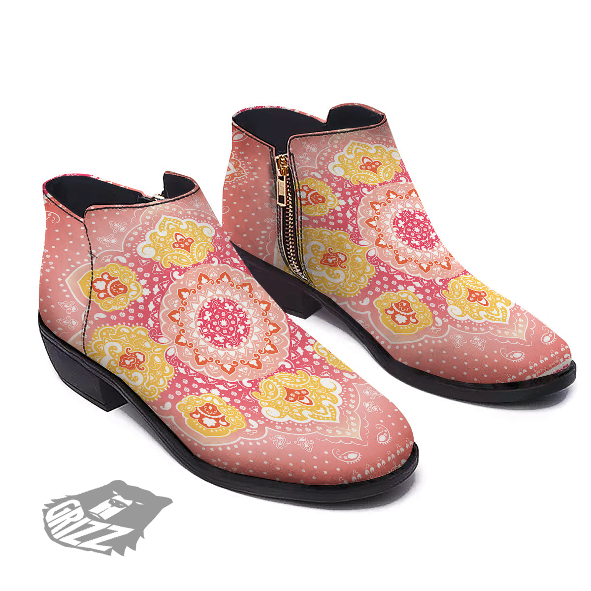Indian Paisley Bandana Pink Print Ankle Boots-grizzshop