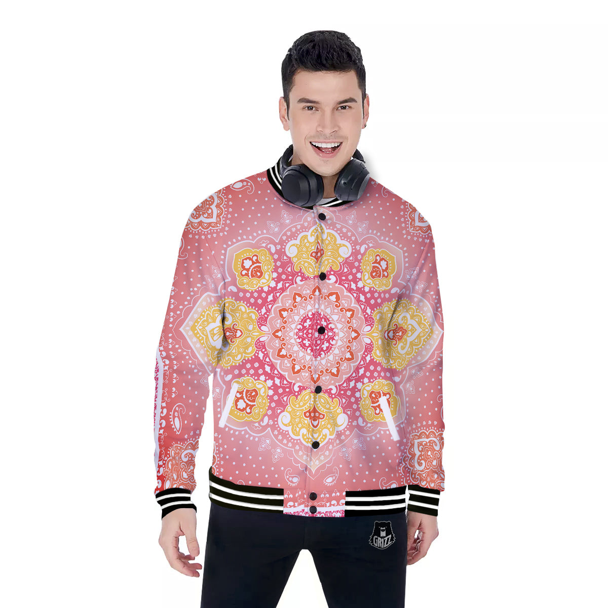 Indian Paisley Bandana Pink Print Baseball Jacket-grizzshop