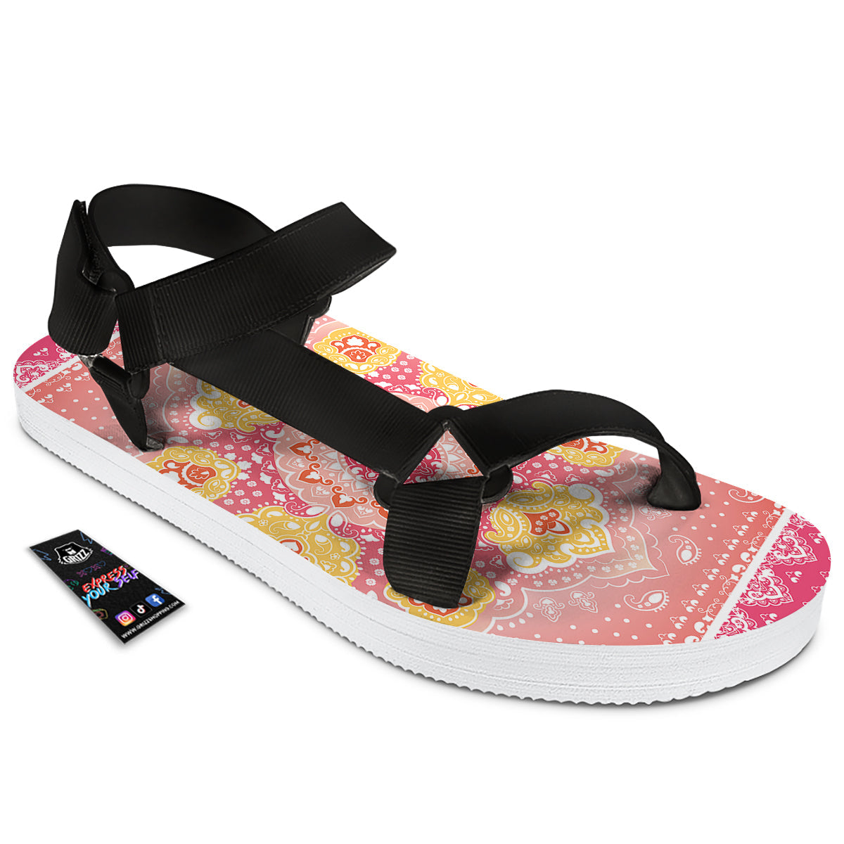 Indian Paisley Bandana Pink Print Black Open Toe Sandals-grizzshop