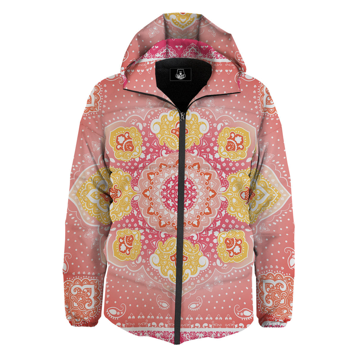 Indian Paisley Bandana Pink Print Down Jacket-grizzshop