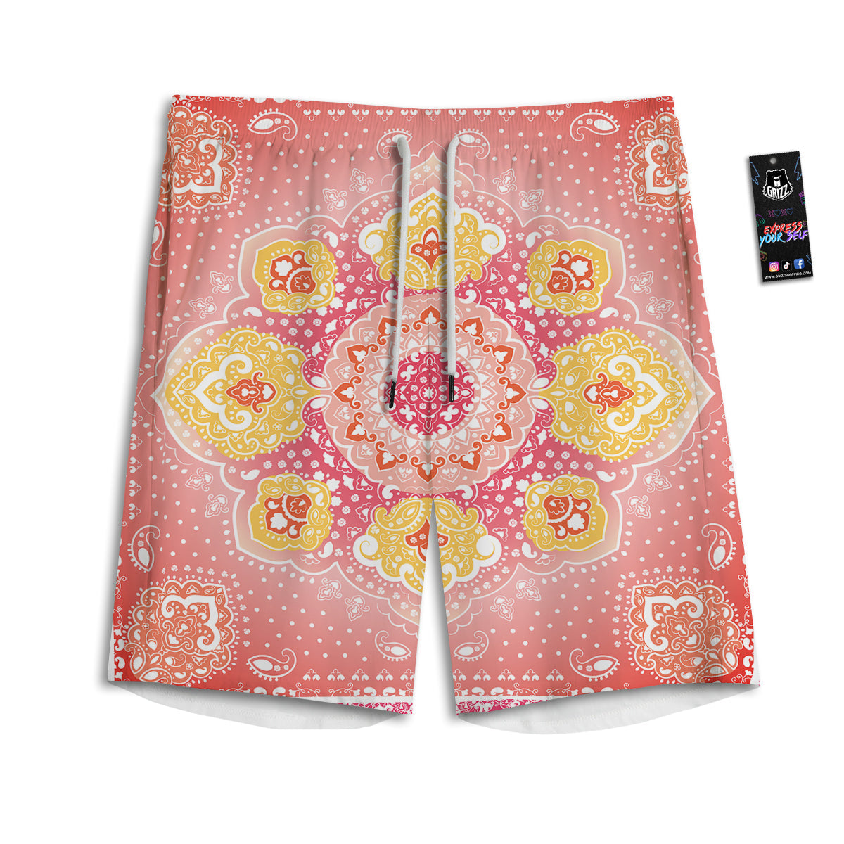 Indian Paisley Bandana Pink Print Men's Athletic Shorts