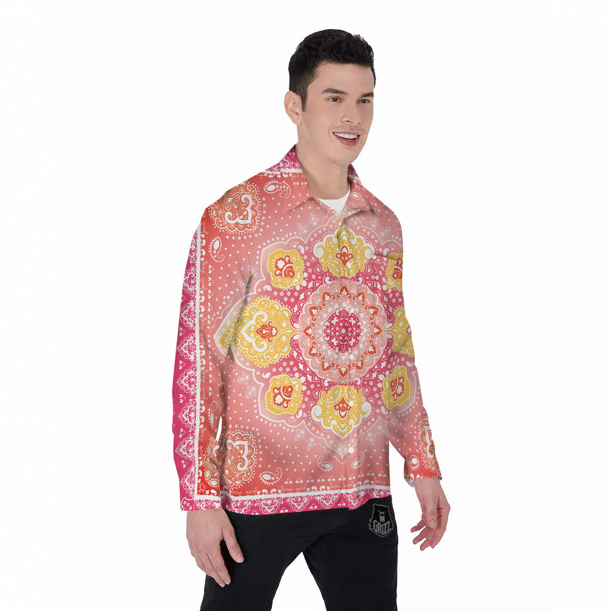 Indian Paisley Bandana Pink Print Men's Long Sleeve Shirts-grizzshop
