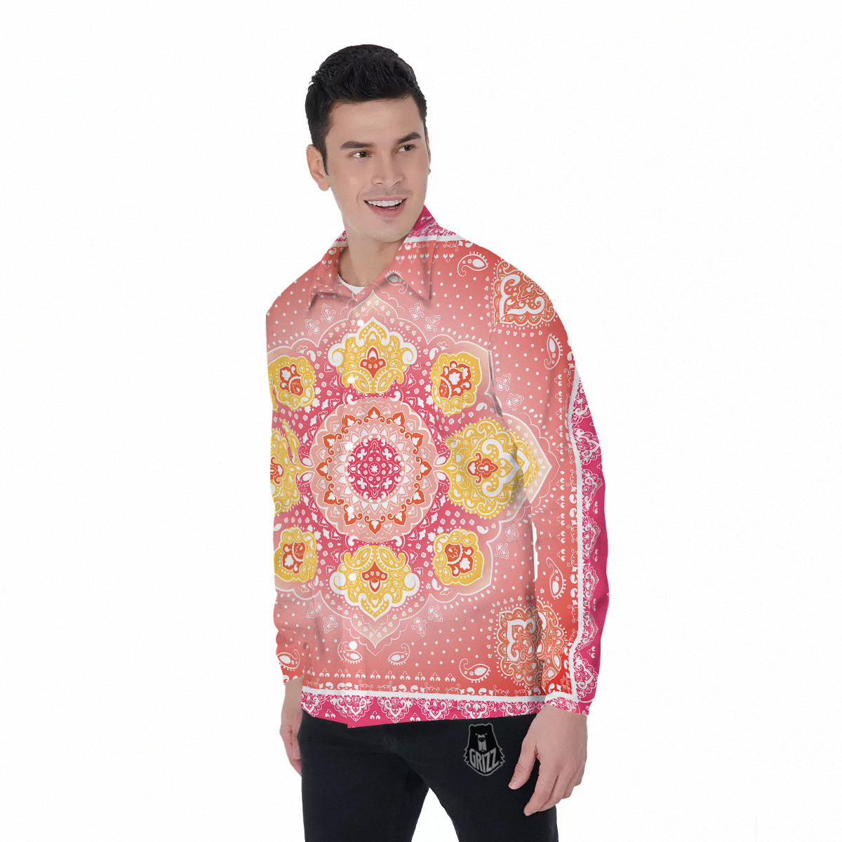 Indian Paisley Bandana Pink Print Men's Long Sleeve Shirts-grizzshop