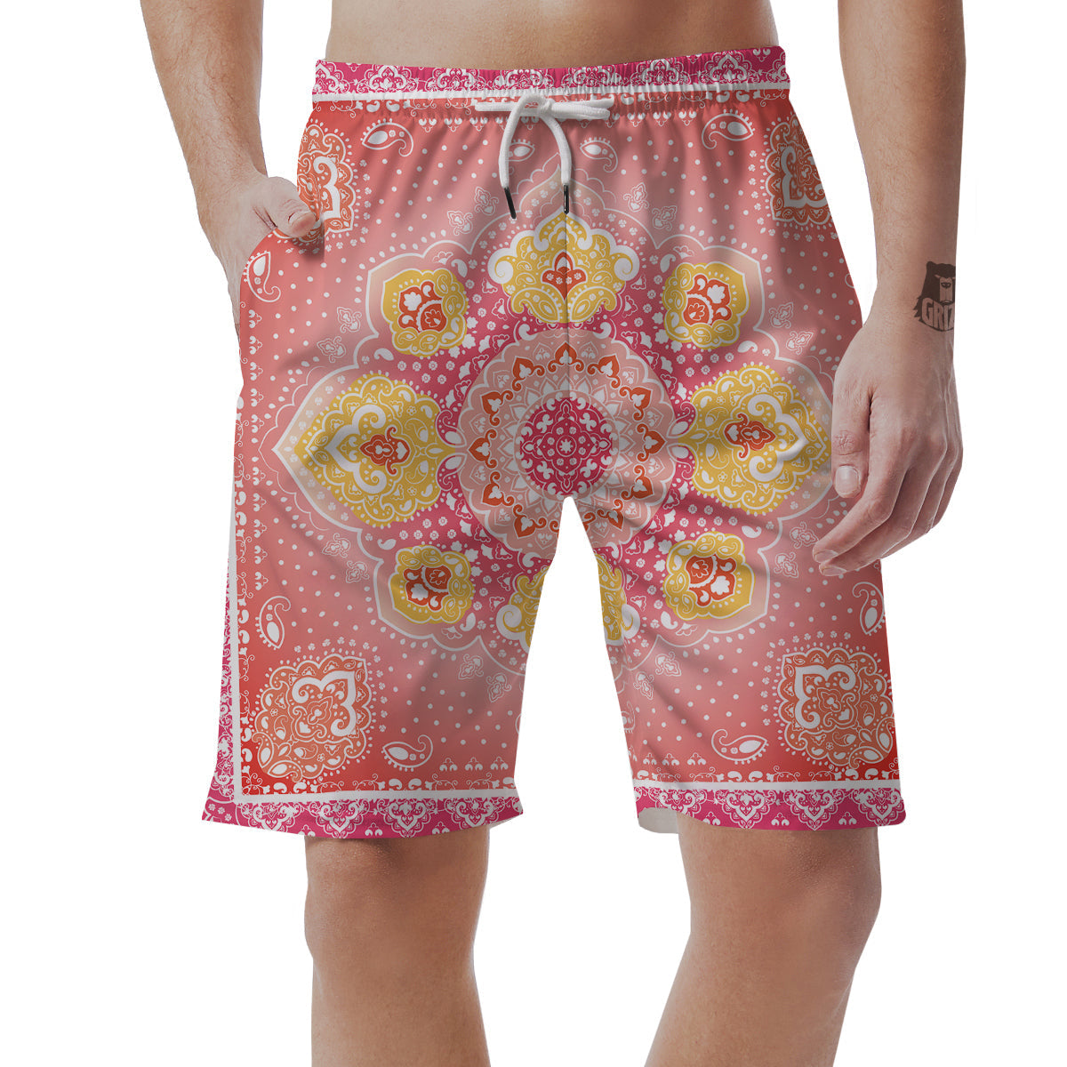 Indian Paisley Bandana Pink Print Men's Shorts-grizzshop