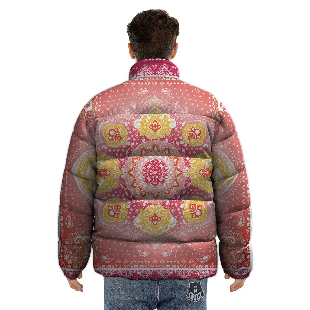 Indian Paisley Bandana Pink Print Puffer Jacket-grizzshop