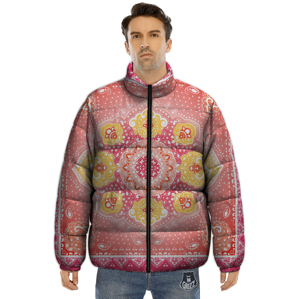 Indian Paisley Bandana Pink Print Puffer Jacket-grizzshop