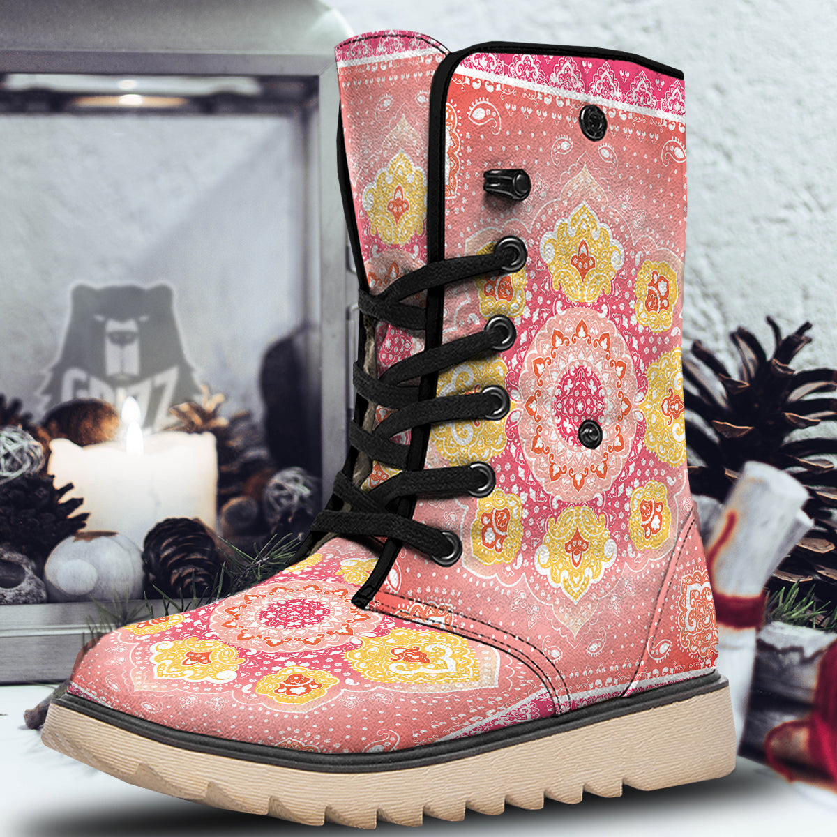 Indian Paisley Bandana Pink Print Snow Boots-grizzshop
