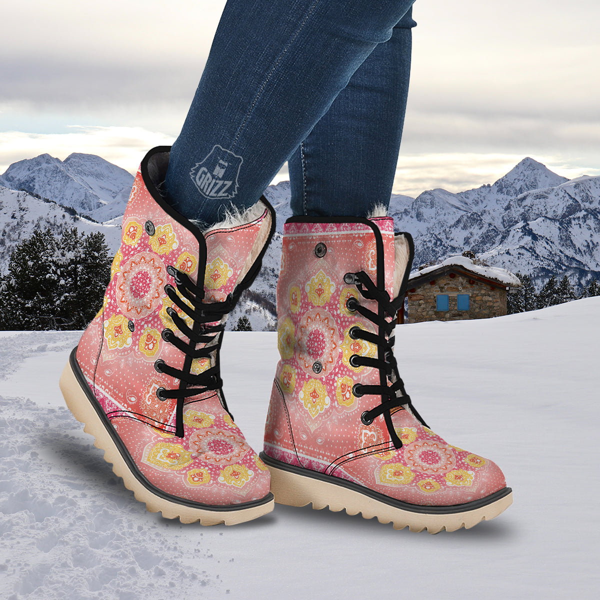 Indian Paisley Bandana Pink Print Snow Boots-grizzshop