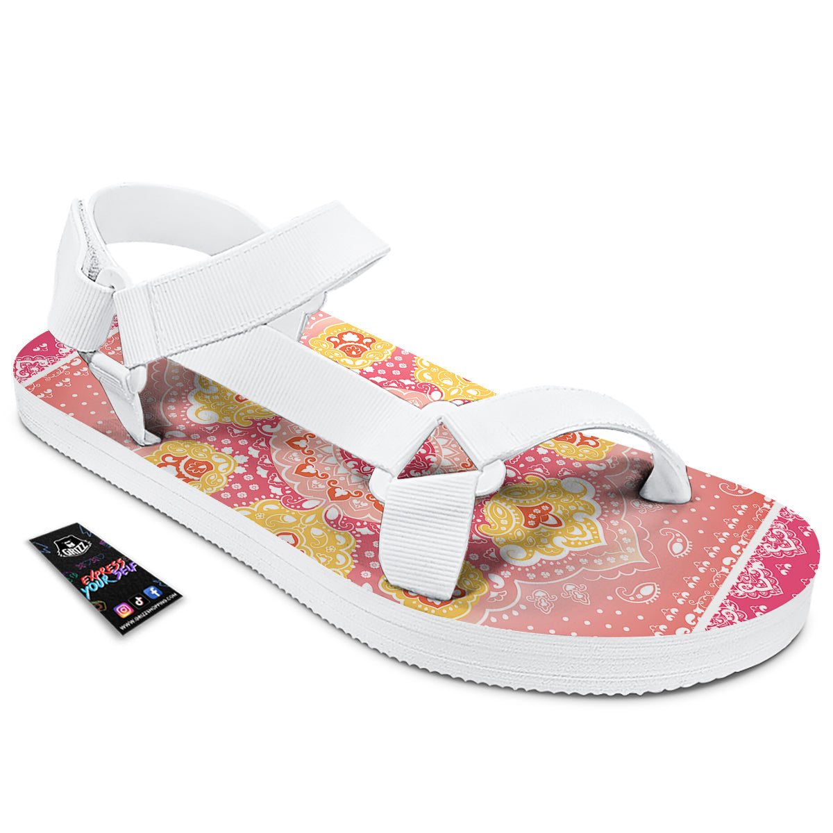 Indian Paisley Bandana Pink Print White Open Toe Sandals-grizzshop