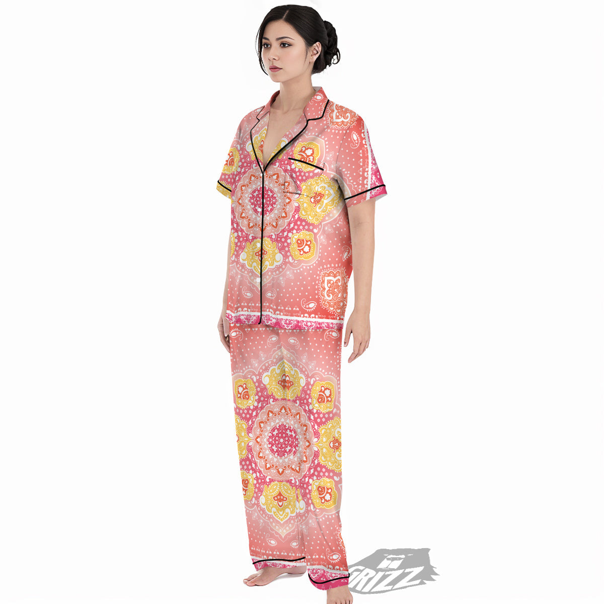 Indian Paisley Bandana Pink Print Women's Pajamas Set-grizzshop